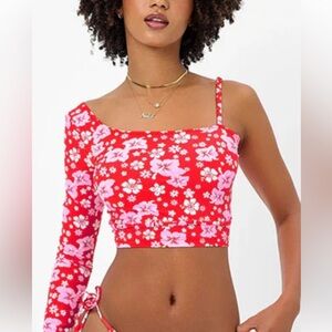 Frankies Bikinis NWOT Kiera Coconut Girl Red & Pink Floral Bikini/Crop Top Sz‎ L